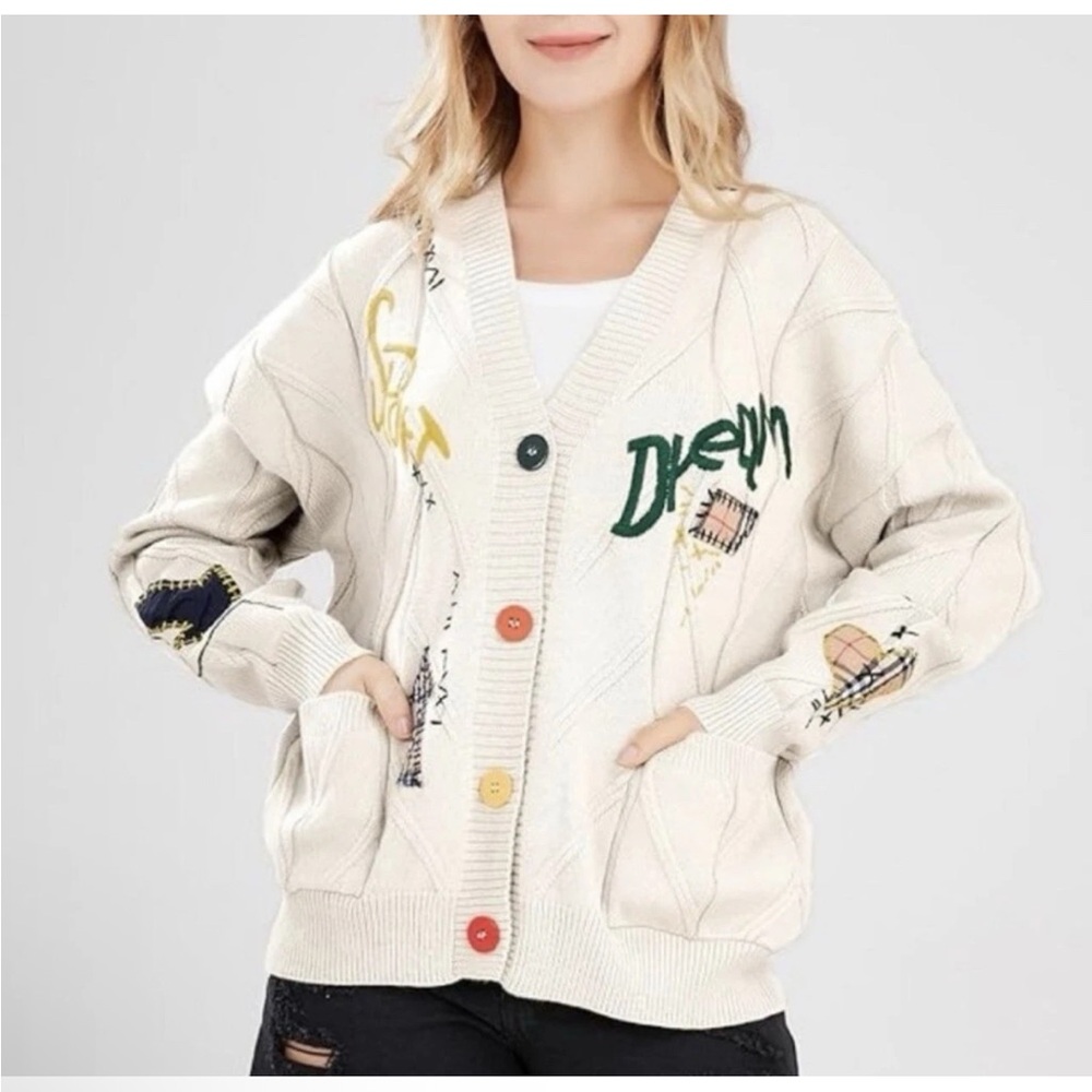 Ebossy Cable Knit Cardigan Sweater Cream Patchwork Sport Dream Button Sz XS NEW